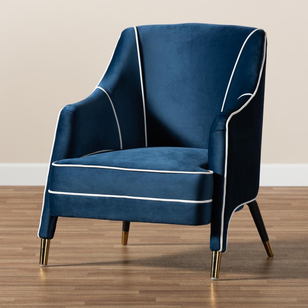 Baxton Studio Ainslie Glam and Luxe Navy Blue Velvet Fabric Upholstered Gold Finished Armchair. Picture 19