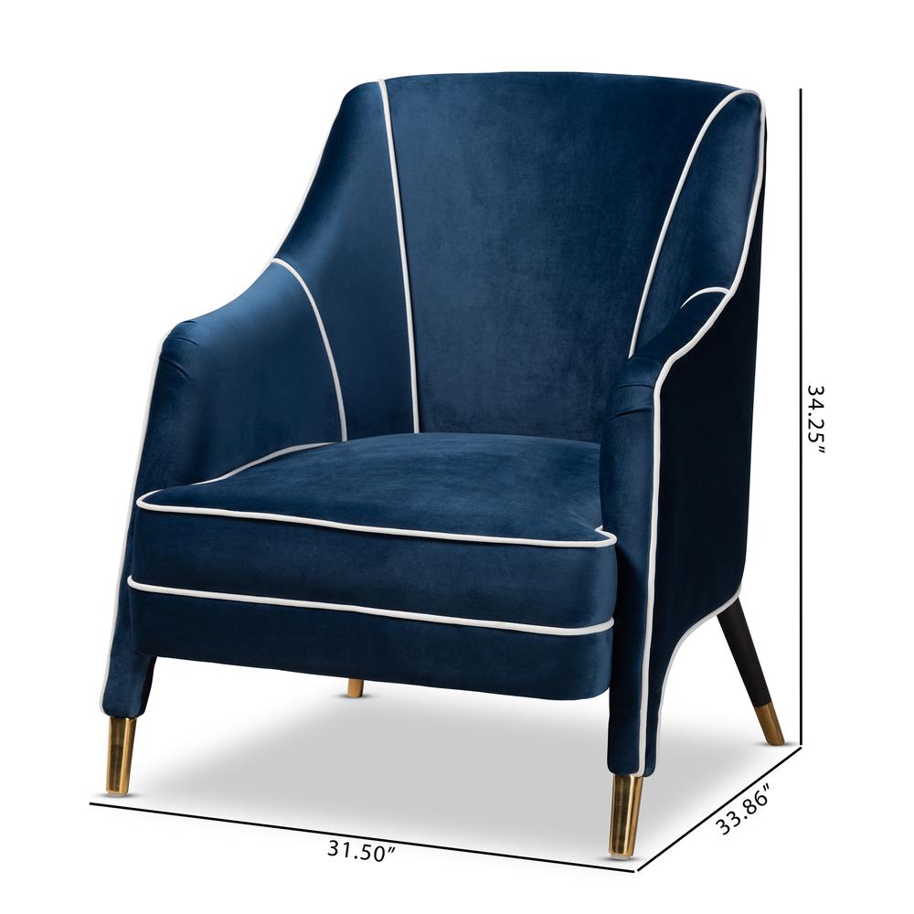 Baxton Studio Ainslie Glam and Luxe Navy Blue Velvet Fabric Upholstered Gold Finished Armchair. Picture 20