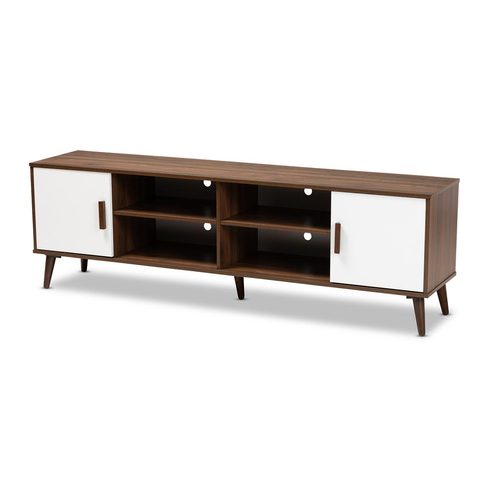 Quinn Mid-Century Modern Two-Tone White and Walnut Finished 2-Door Wood TV Stand. Picture 10