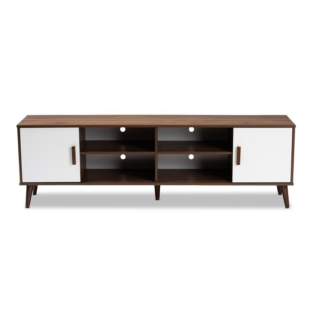 Baxton Studio Quinn Mid-Century Modern Two-Tone White and Walnut Finished 2-Door Wood TV Stand. Picture 14