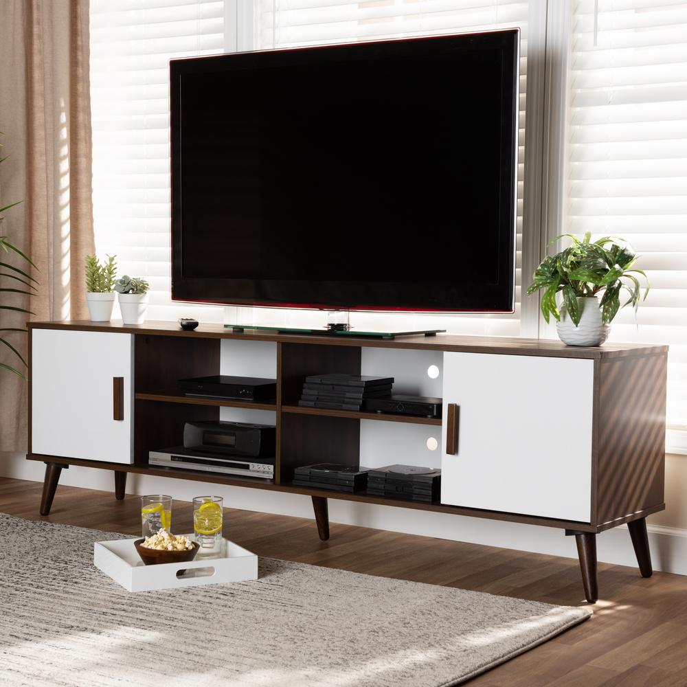 Quinn Mid-Century Modern Two-Tone White and Walnut Finished 2-Door Wood TV Stand. Picture 16