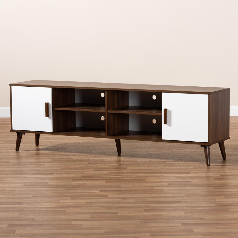 Quinn Mid-Century Modern Two-Tone White and Walnut Finished 2-Door Wood TV Stand. Picture 17