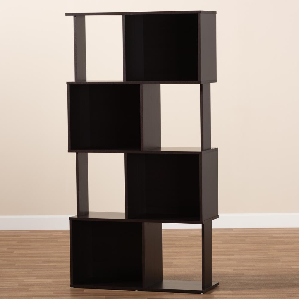 Riva Modern and Contemporary Dark Brown Finished Geometric Wood Bookshelf. Picture 11