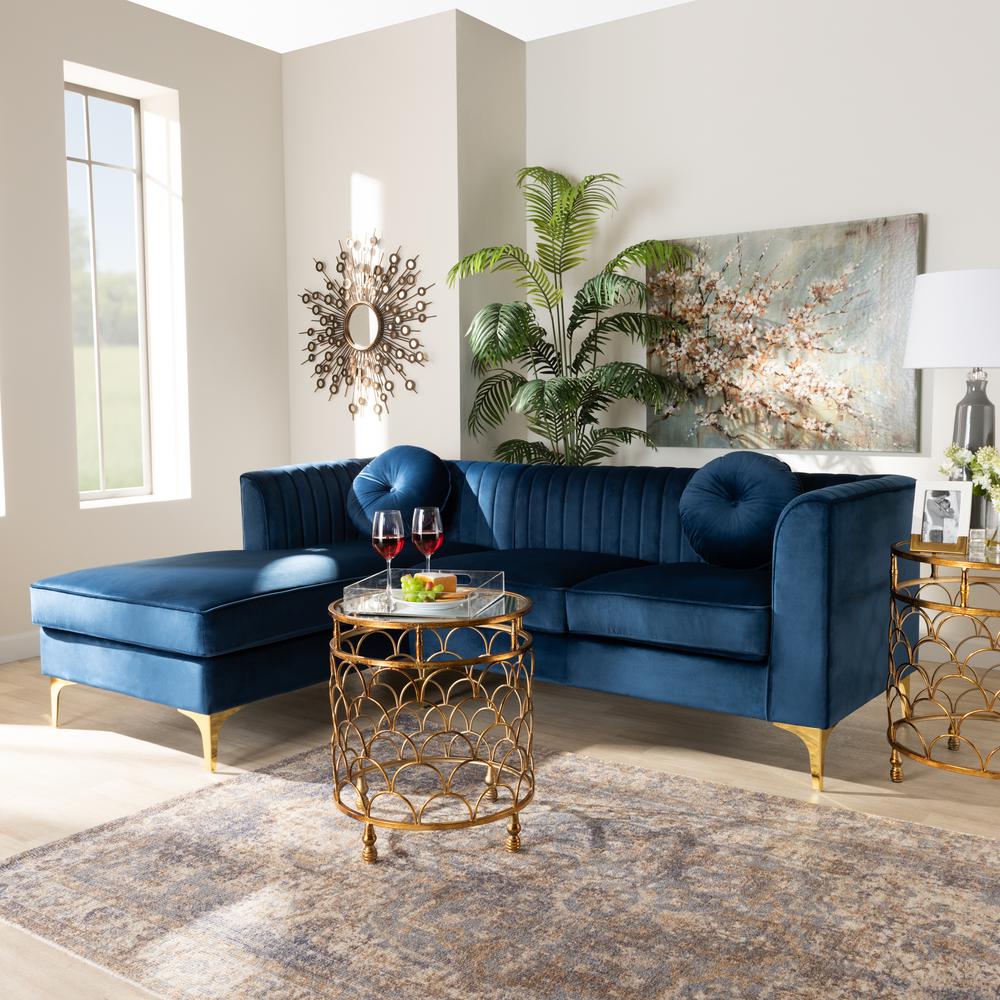 Baxton Studio Giselle Glam and Luxe Navy Blue Velvet Fabric Upholstered Mirrored Gold Finished Left Facing Sectional Sofa with Chaise. Picture 5