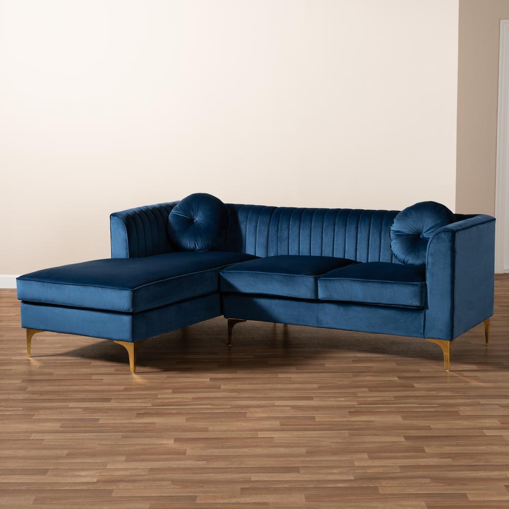 Baxton Studio Giselle Glam and Luxe Navy Blue Velvet Fabric Upholstered Mirrored Gold Finished Left Facing Sectional Sofa with Chaise. Picture 13