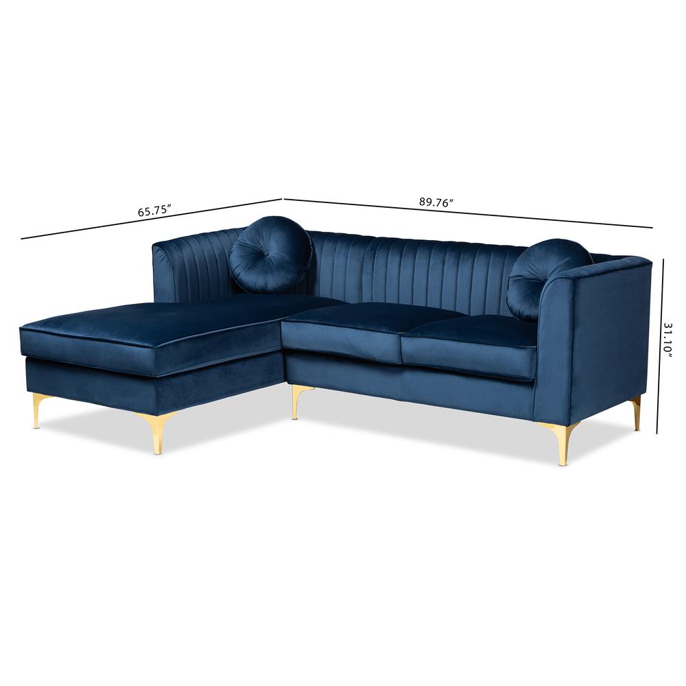 Baxton Studio Giselle Glam and Luxe Navy Blue Velvet Fabric Upholstered Mirrored Gold Finished Left Facing Sectional Sofa with Chaise. Picture 14