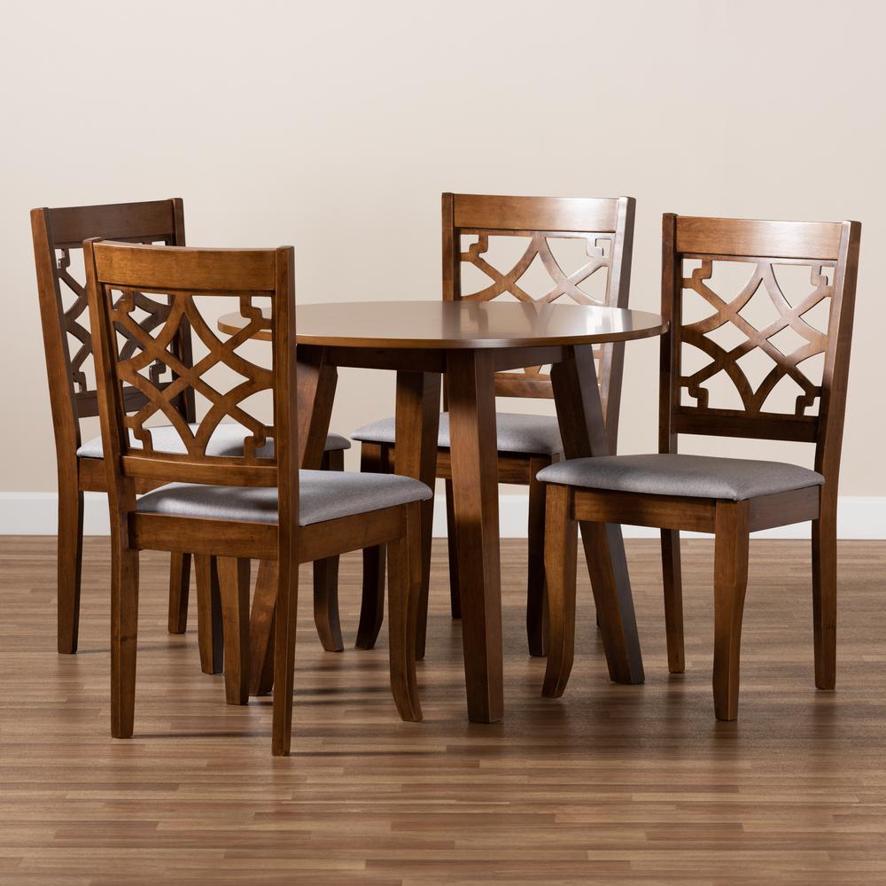 Grey Fabric Upholstered and Walnut Brown Finished Wood 5-Piece Dining Set. Picture 15