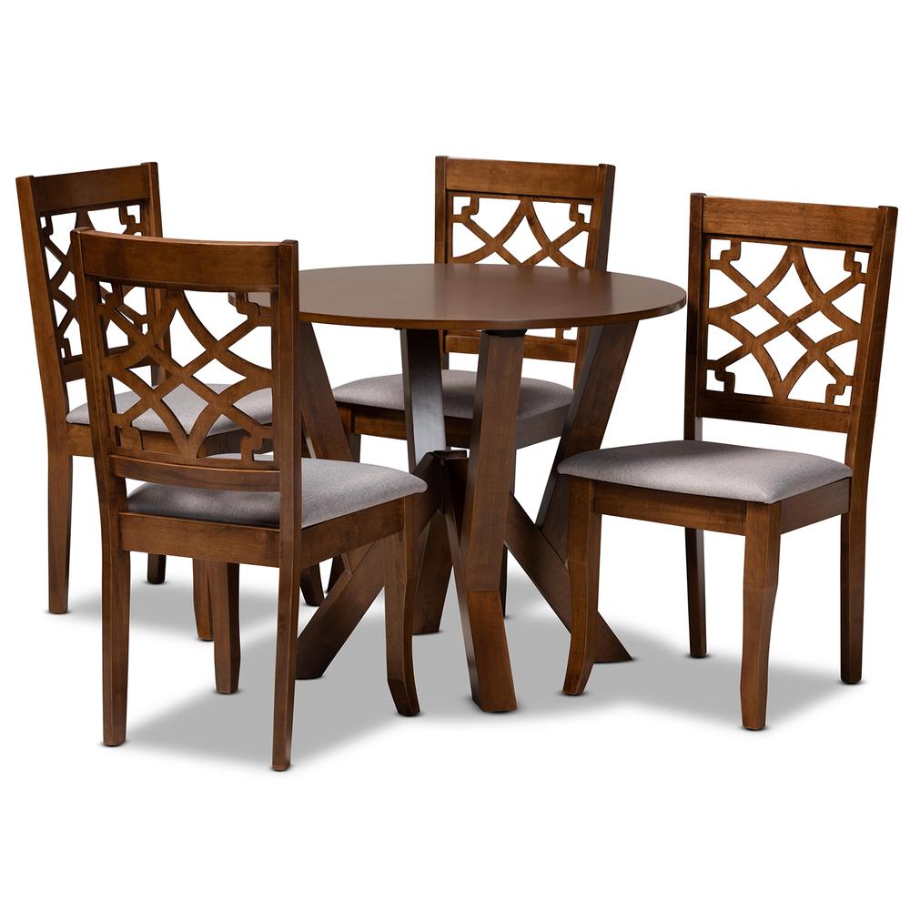 Grey Fabric Upholstered and Walnut Brown Finished Wood 5-Piece Dining Set. Picture 9