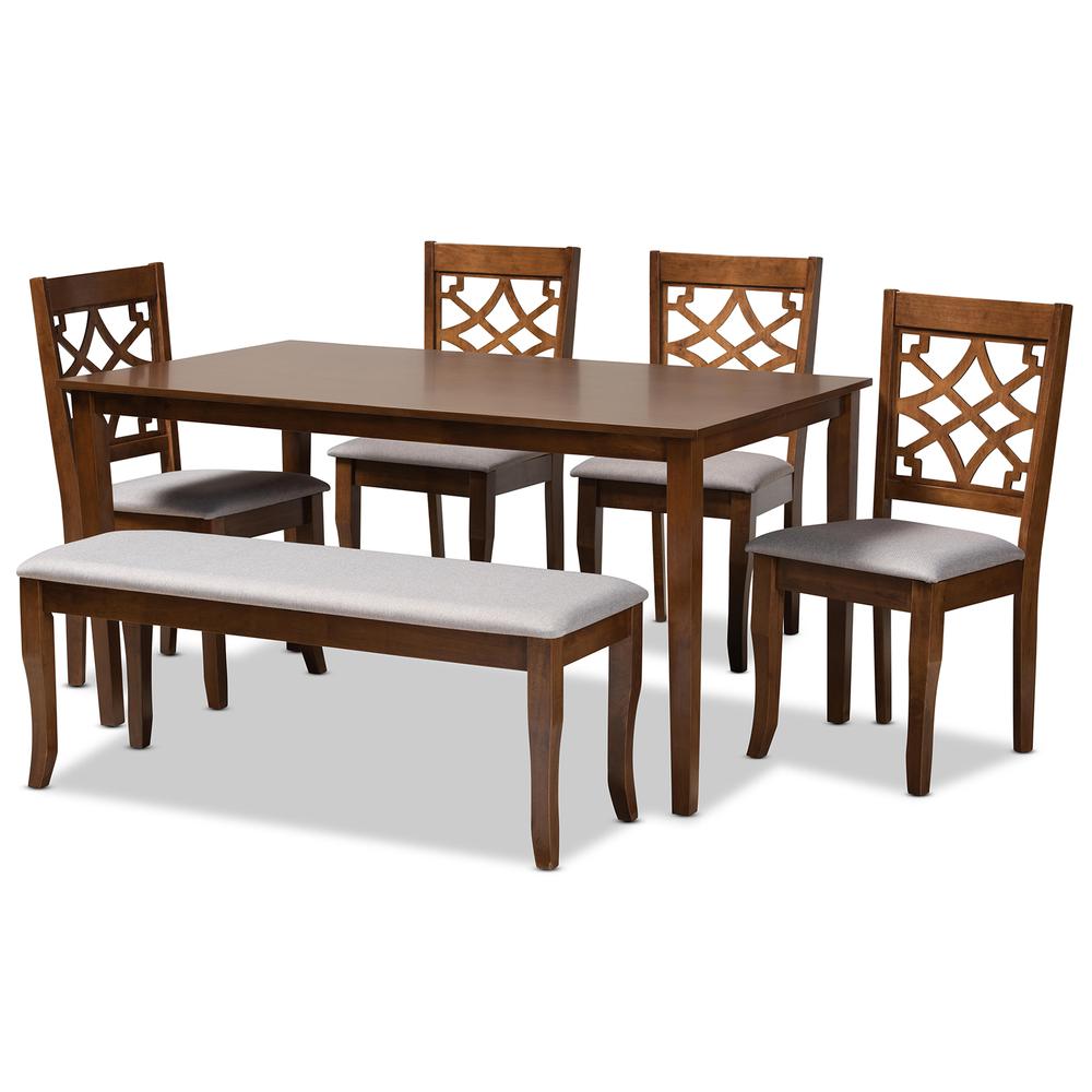 Grey Fabric Upholstered and Walnut Brown Finished Wood 6-Piece Dining Set. Picture 10