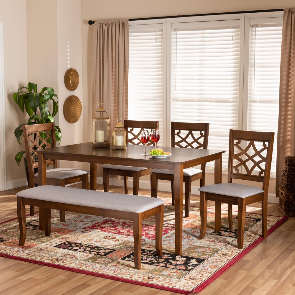 Grey Fabric Upholstered and Walnut Brown Finished Wood 6-Piece Dining Set. Picture 16