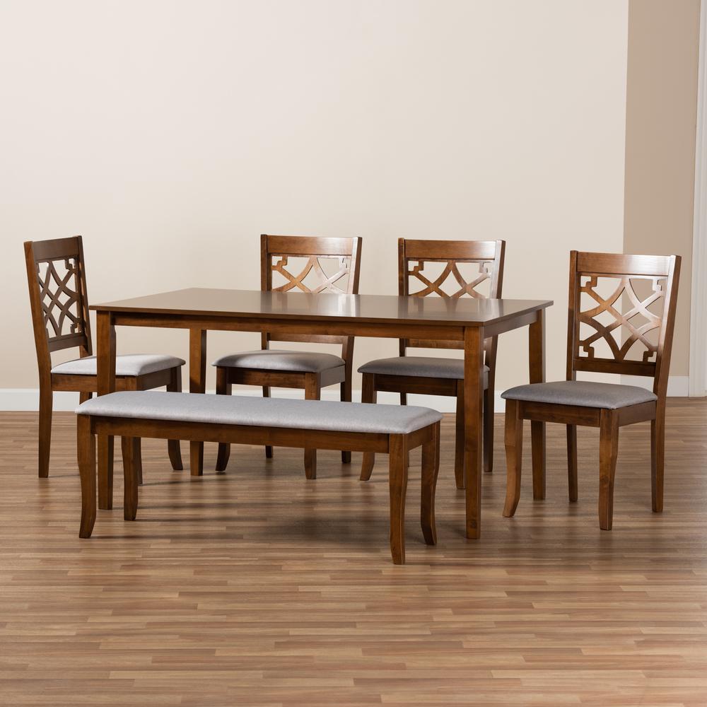 Grey Fabric Upholstered and Walnut Brown Finished Wood 6-Piece Dining Set. Picture 17