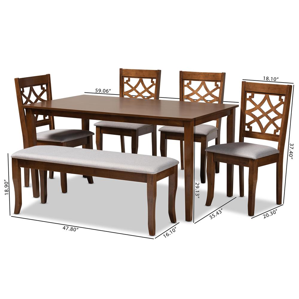 Grey Fabric Upholstered and Walnut Brown Finished Wood 6-Piece Dining Set. Picture 18