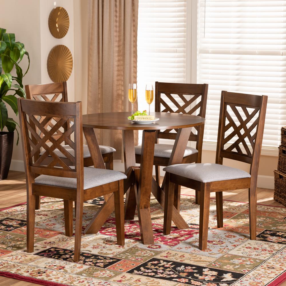 Grey Fabric Upholstered and Walnut Brown Finished Wood 5-Piece Dining Set. Picture 16
