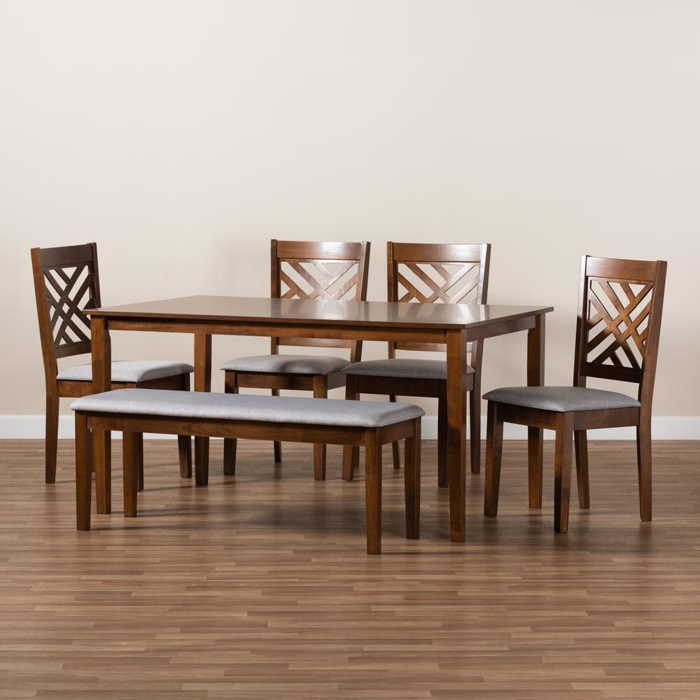 Grey Fabric Upholstered and Walnut Brown Finished Wood 6-Piece Dining Set. Picture 18