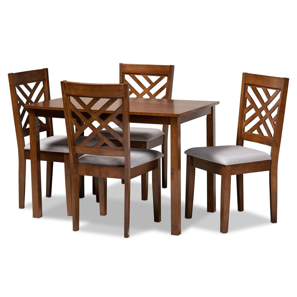 Baxton Studio Caron Modern and Contemporary Grey Fabric Upholstered Walnut Brown Finished Wood 5-Piece Dining Set. Picture 11