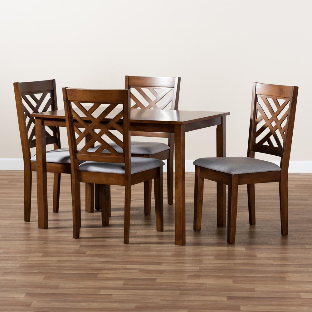 Baxton Studio Caron Modern and Contemporary Grey Fabric Upholstered Walnut Brown Finished Wood 5-Piece Dining Set. Picture 18
