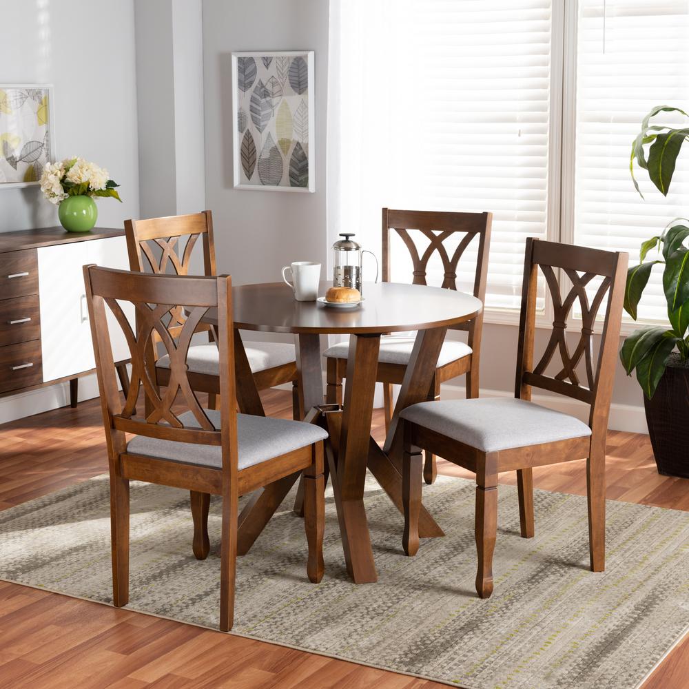 Irene Modern and Contemporary Grey Fabric Upholstered and Walnut Brown Finished Wood 5-Piece Dining Set. Picture 10