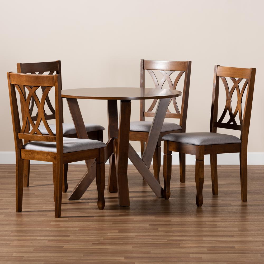 Grey Fabric Upholstered and Walnut Brown Finished Wood 5-Piece Dining Set. Picture 17