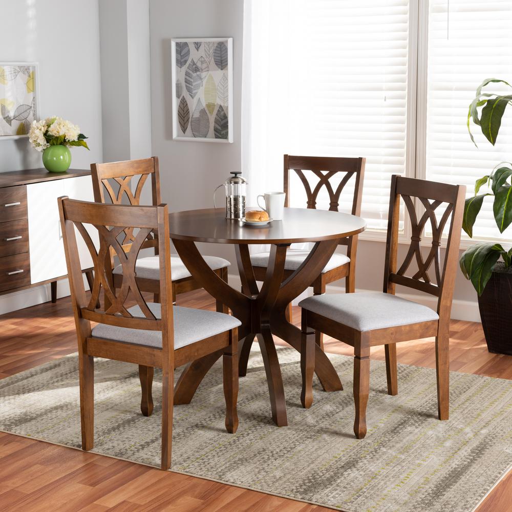Grey Fabric Upholstered and Walnut Brown Finished Wood 5-Piece Dining Set. Picture 16