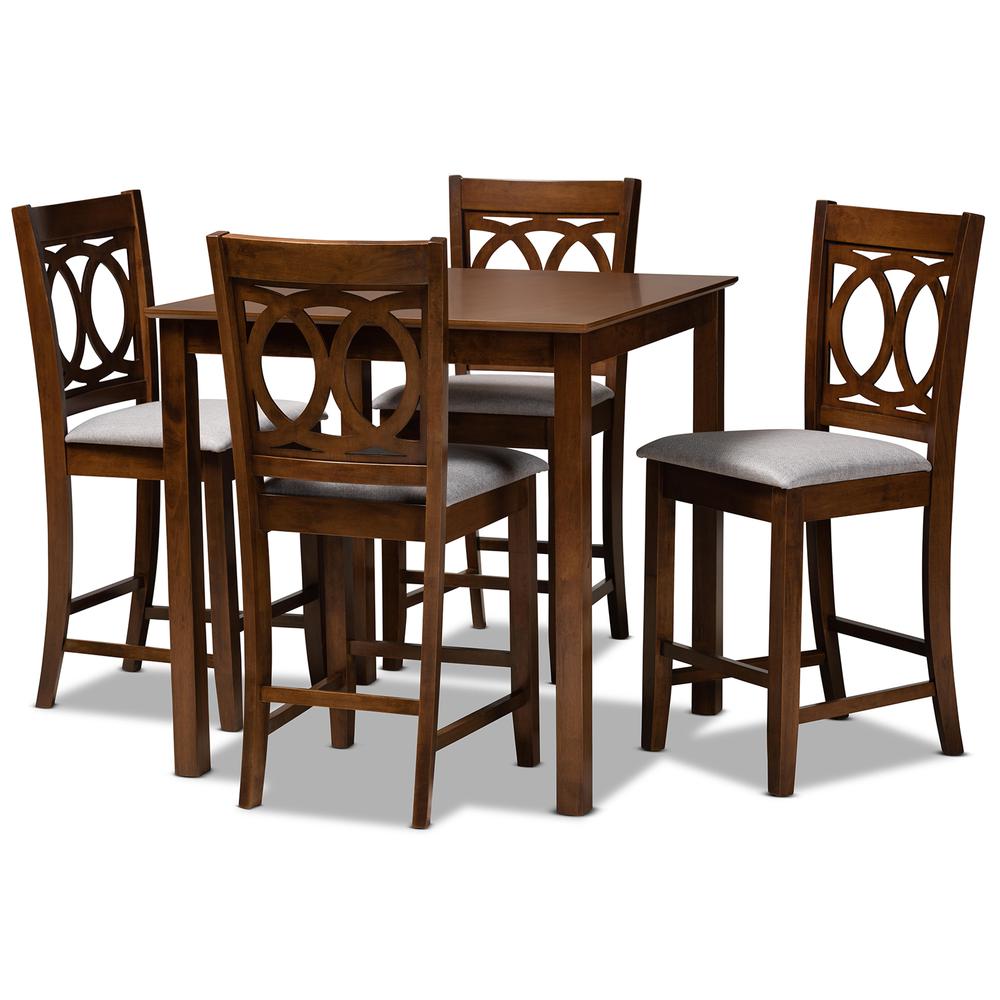 Grey Fabric Upholstered Walnut Brown Finished 5-Piece Wood Pub Set. Picture 10