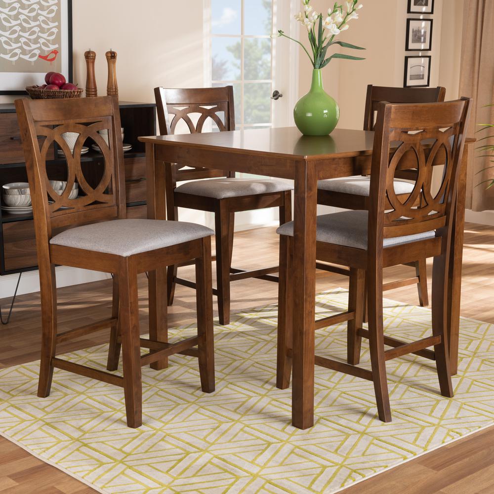 Grey Fabric Upholstered Walnut Brown Finished 5-Piece Wood Pub Set. Picture 16