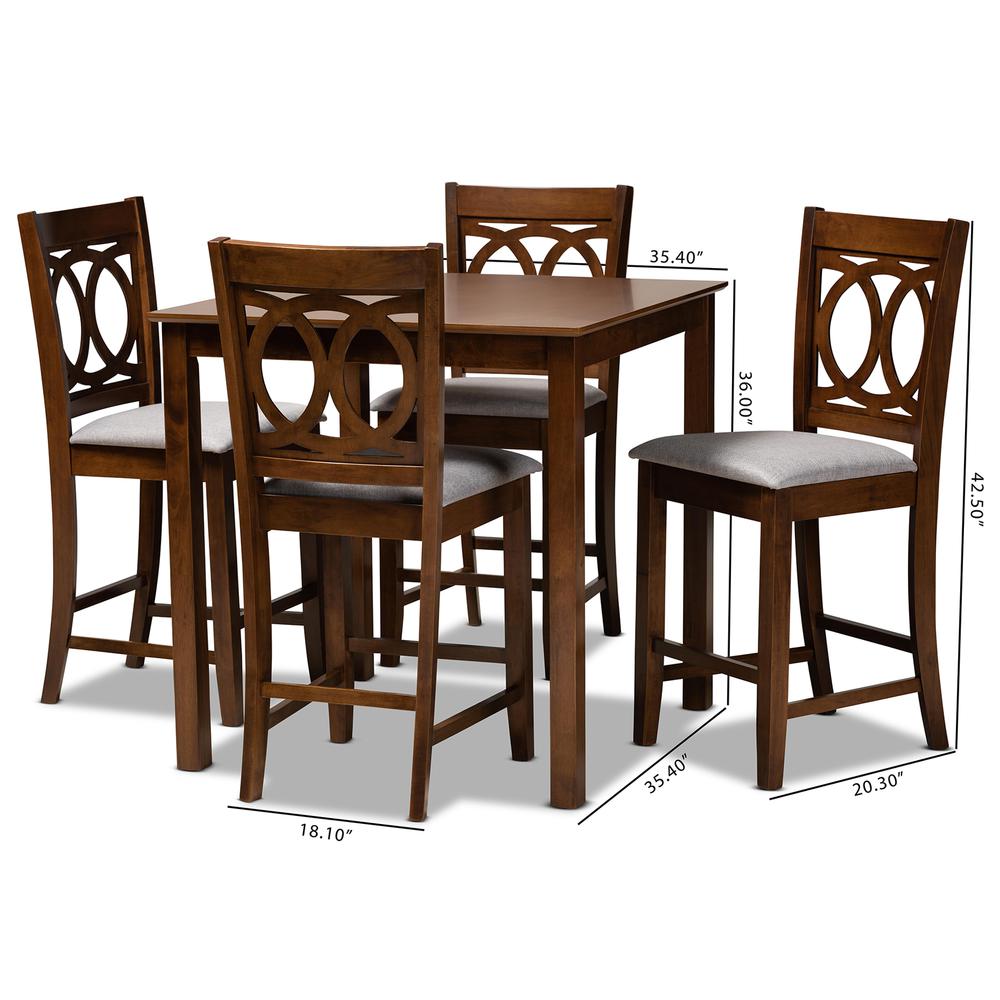 Grey Fabric Upholstered Walnut Brown Finished 5-Piece Wood Pub Set. Picture 18