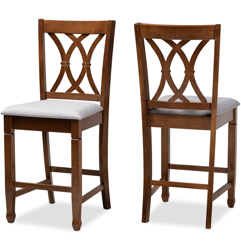 Baxton Studio Reneau Modern and Contemporary Grey Fabric Upholstered Walnut Brown Finished 2-Piece Wood Counter Height Pub Chair Set  Set. Picture 10