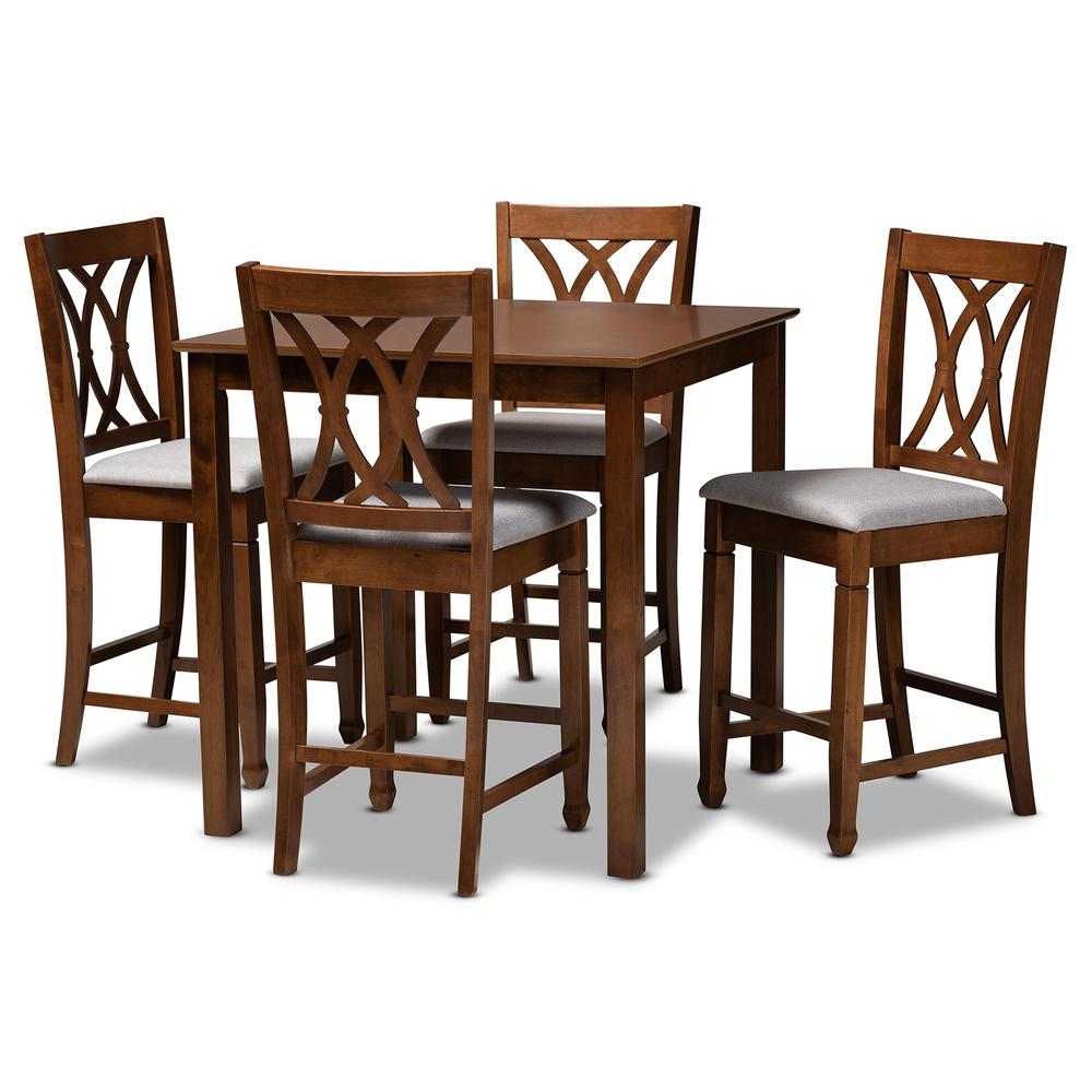 Grey Fabric Upholstered Walnut Brown Finished 5-Piece Wood Pub Set. Picture 10