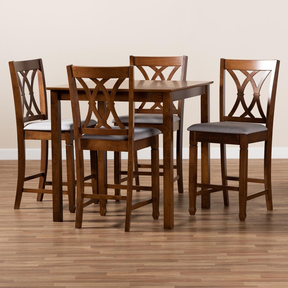 Grey Fabric Upholstered Walnut Brown Finished 5-Piece Wood Pub Set. Picture 17