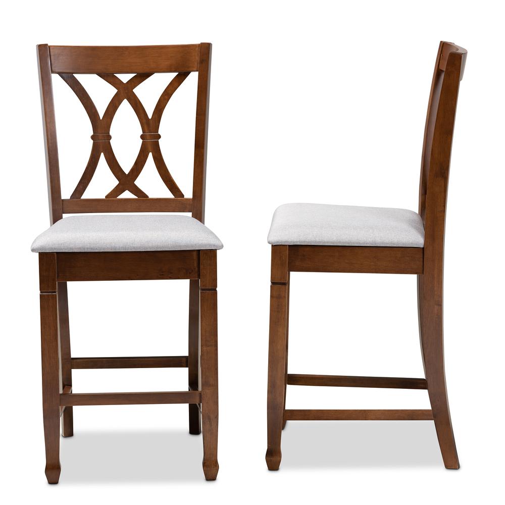 Baxton Studio Reneau Modern and Contemporary Grey Fabric Upholstered Walnut Brown Finished 2-Piece Wood Counter Height Pub Chair Set  Set. Picture 12