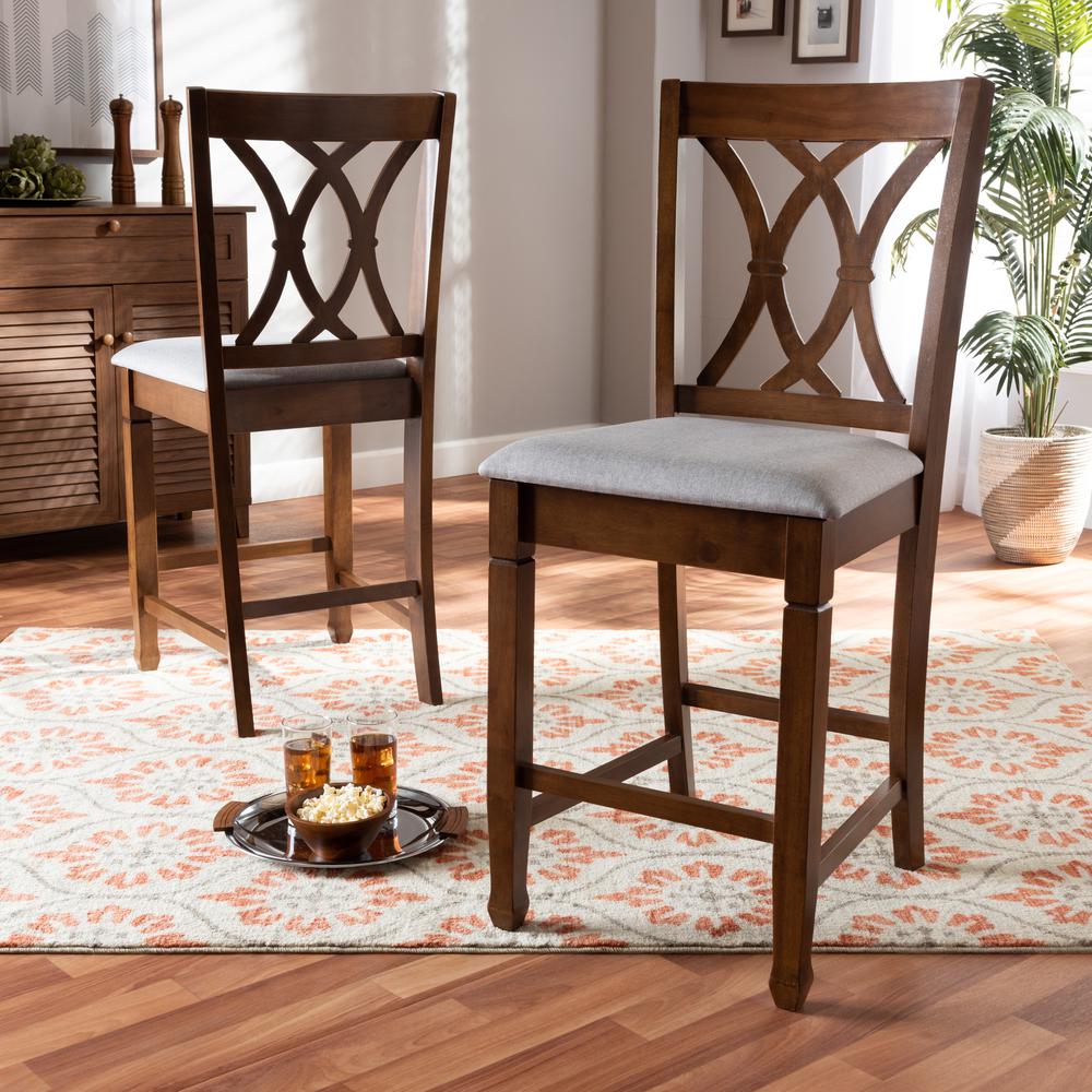 Baxton Studio Reneau Modern and Contemporary Grey Fabric Upholstered Walnut Brown Finished 2-Piece Wood Counter Height Pub Chair Set  Set. Picture 9