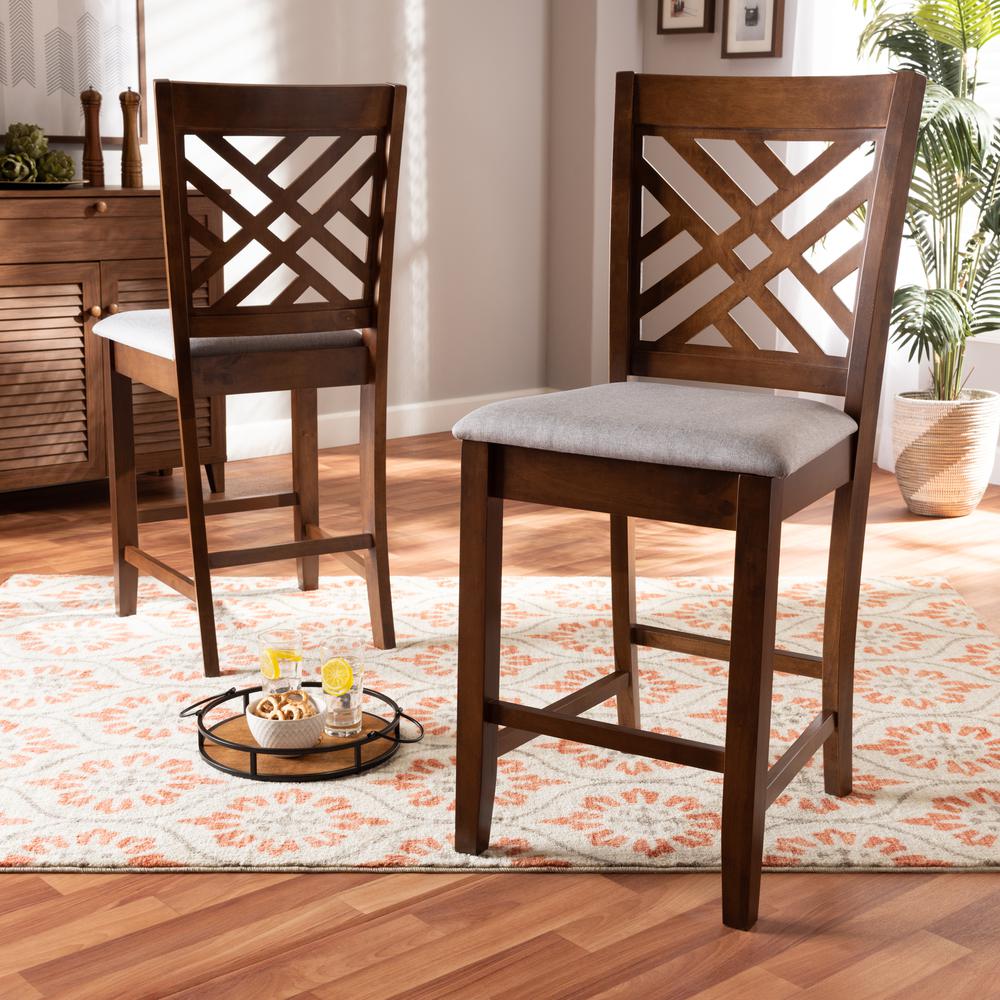 Baxton Studio Caron Modern and Contemporary Grey Fabric Upholstered Walnut Brown Finished 2-Piece Wood Counter Height Pub Chair Set Set. Picture 9