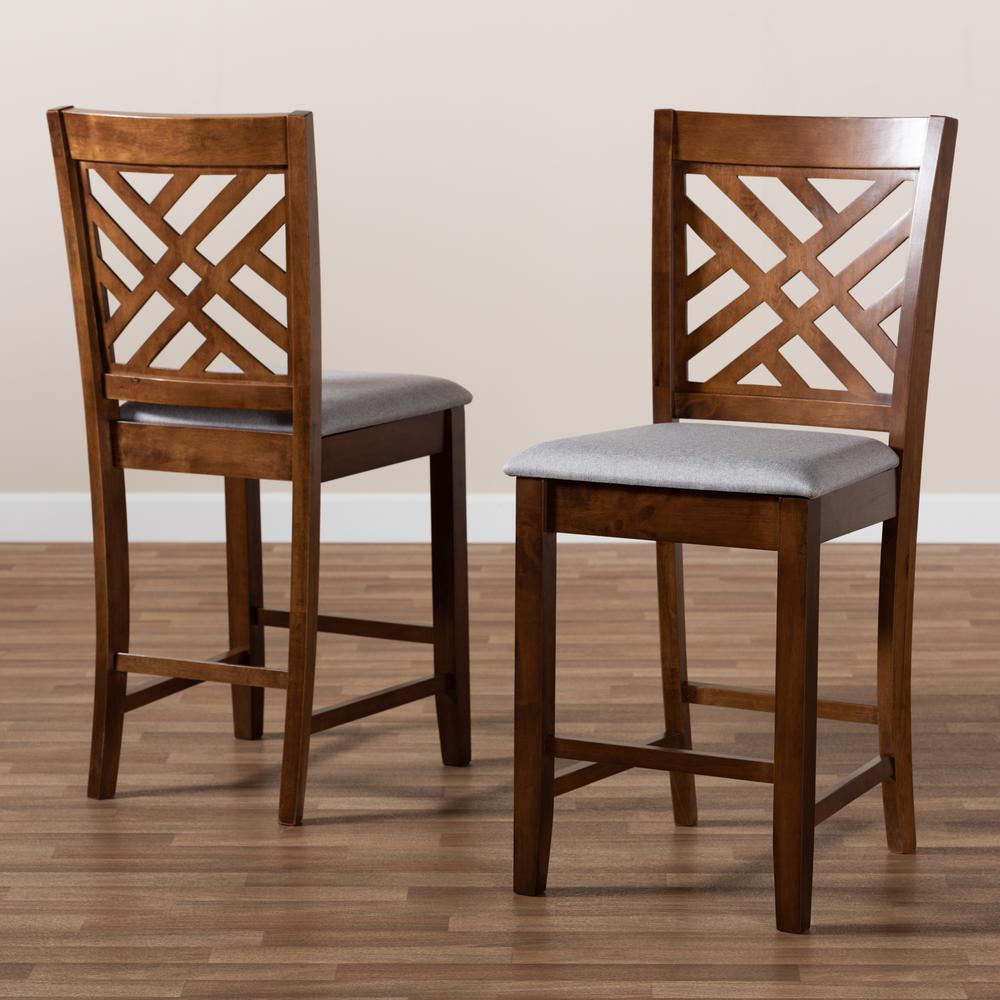 Baxton Studio Caron Modern and Contemporary Grey Fabric Upholstered Walnut Brown Finished 2-Piece Wood Counter Height Pub Chair Set Set. Picture 16