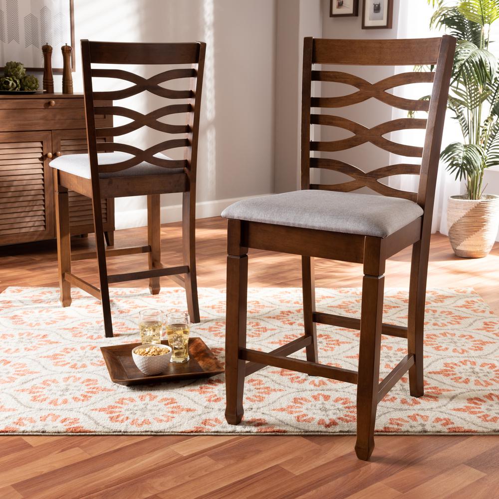 Baxton Studio Lanier Modern and Contemporary Grey Fabric Upholstered Walnut Brown Finished 2-Piece Wood Counter Height Pub Chair Set Set. Picture 9