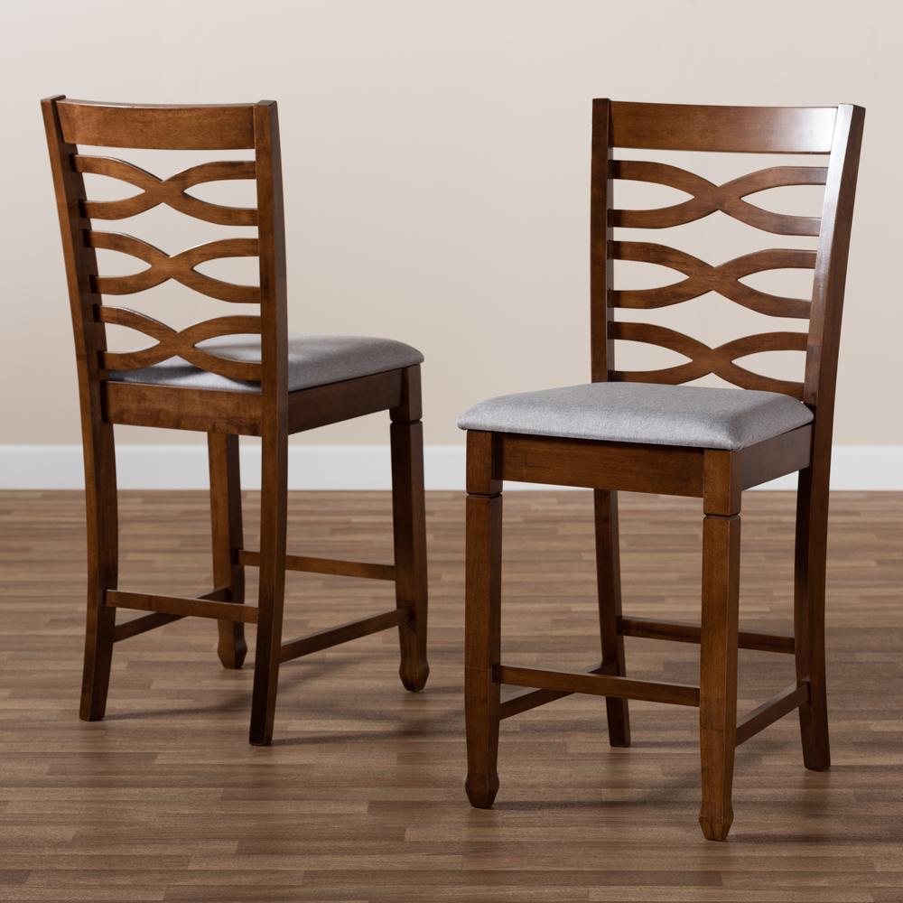 Baxton Studio Lanier Modern and Contemporary Grey Fabric Upholstered Walnut Brown Finished 2-Piece Wood Counter Height Pub Chair Set Set. Picture 16