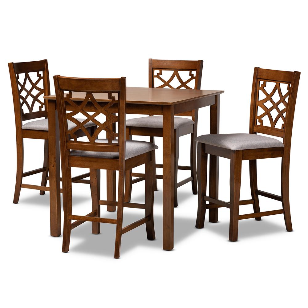 Grey Fabric Upholstered Walnut Brown Finished Wood 5-Piece Pub Set. Picture 10