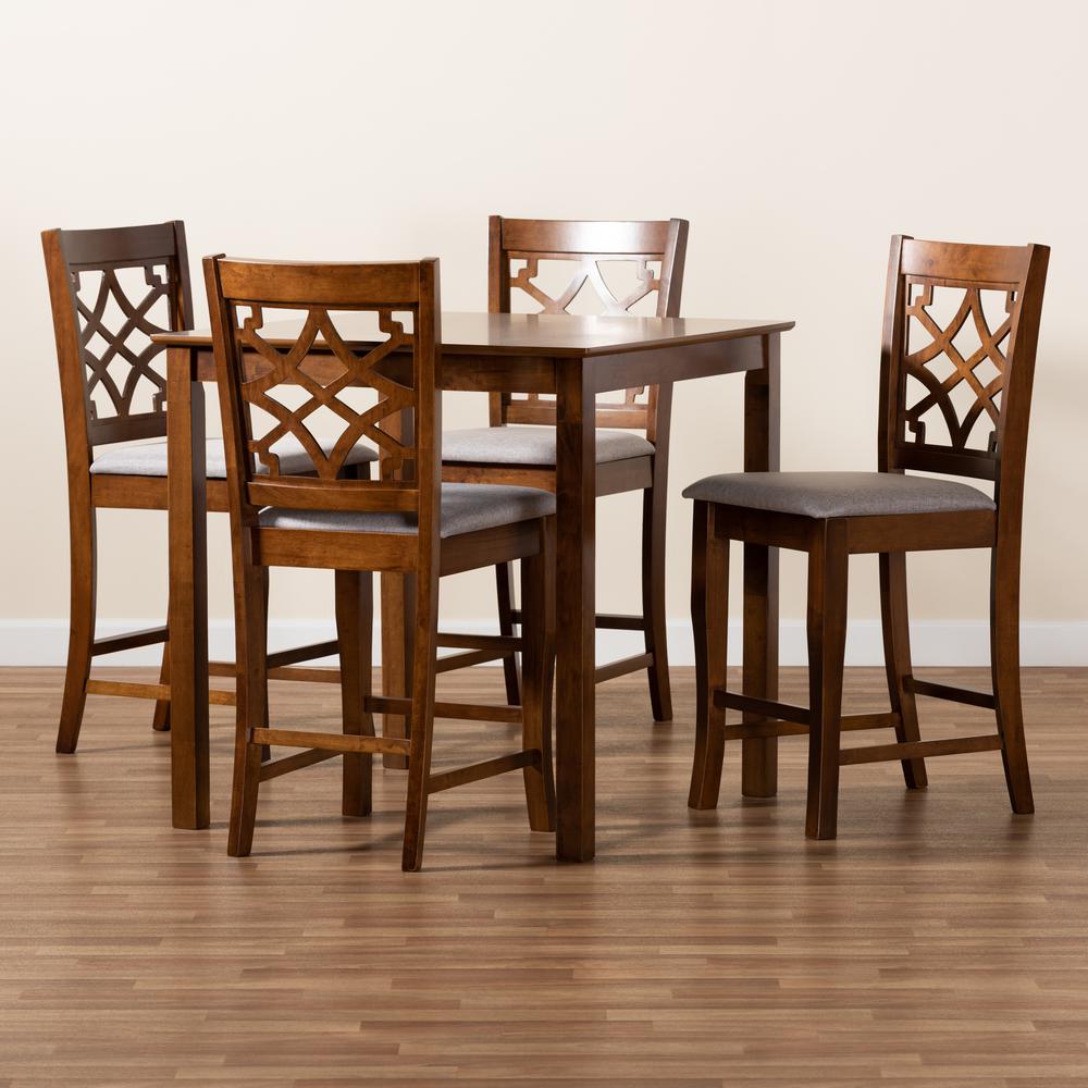 Grey Fabric Upholstered Walnut Brown Finished Wood 5-Piece Pub Set. Picture 17