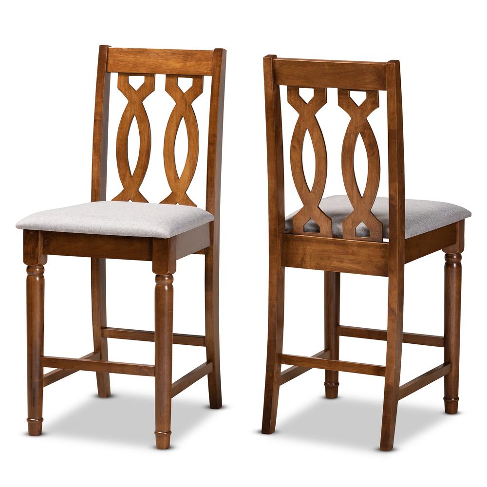 Grey Fabric Upholstered and Walnut Brown Finished Wood 2-Piece Counter Stool Set. Picture 9