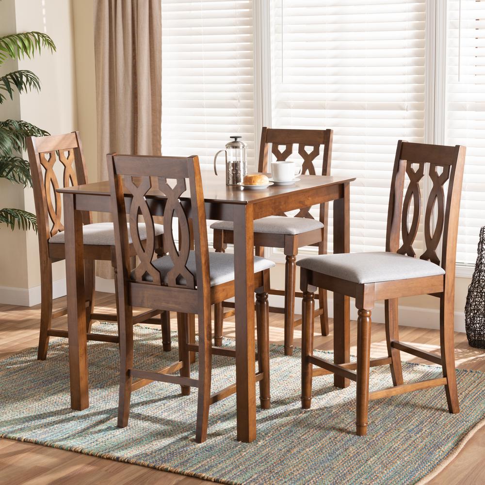 Grey Fabric Upholstered and Walnut Brown Finished Wood 5-Piece Pub Set. Picture 16
