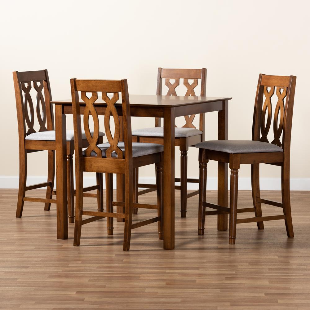 Grey Fabric Upholstered and Walnut Brown Finished Wood 5-Piece Pub Set. Picture 17