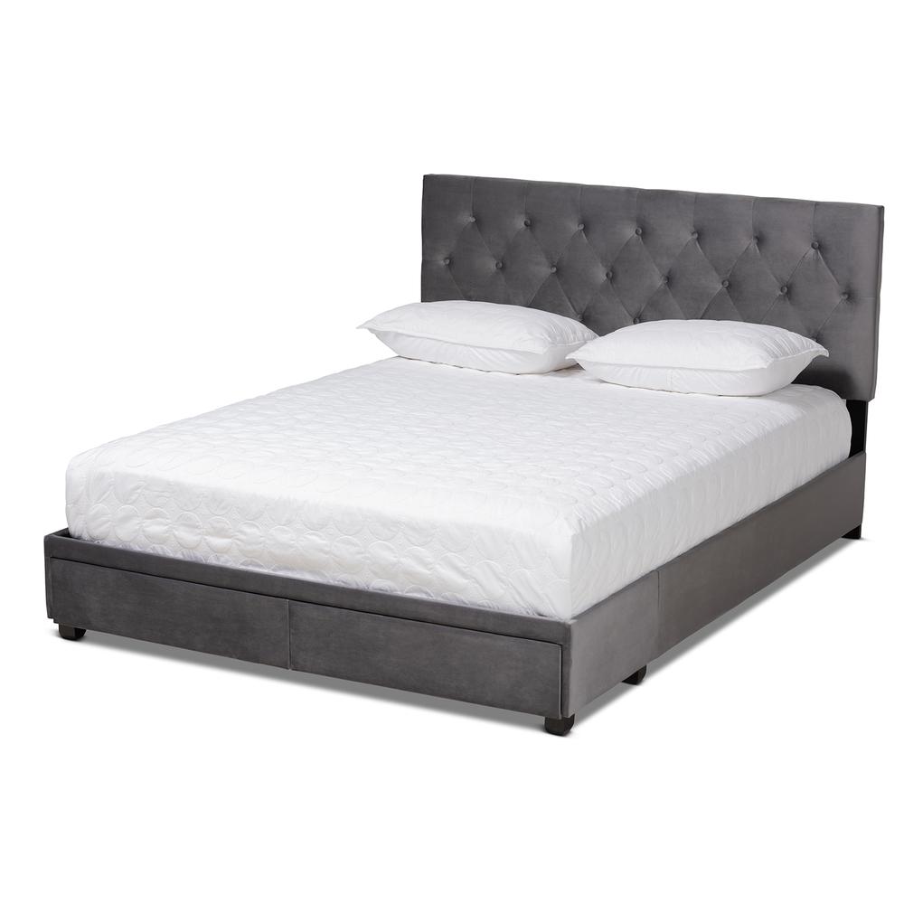 Grey Velvet Fabric Upholstered 2-Drawer Queen Size Platform Storage Bed. Picture 13