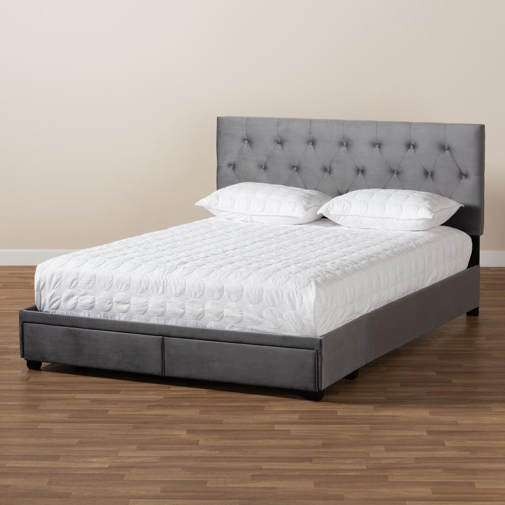 Grey Velvet Fabric Upholstered 2-Drawer Queen Size Platform Storage Bed. Picture 22