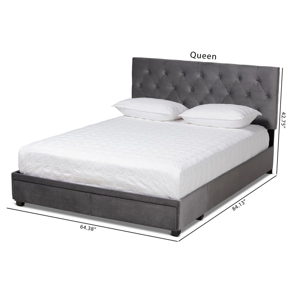 Grey Velvet Fabric Upholstered 2-Drawer Queen Size Platform Storage Bed. Picture 23