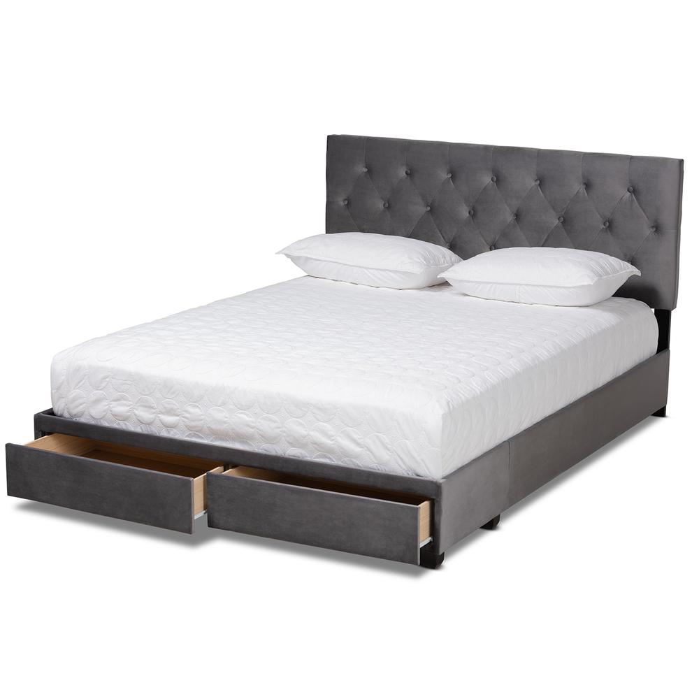 Grey Velvet Fabric Upholstered 2-Drawer Queen Size Platform Storage Bed. Picture 14