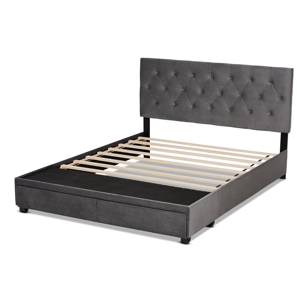 Grey Velvet Fabric Upholstered 2-Drawer Queen Size Platform Storage Bed. Picture 16