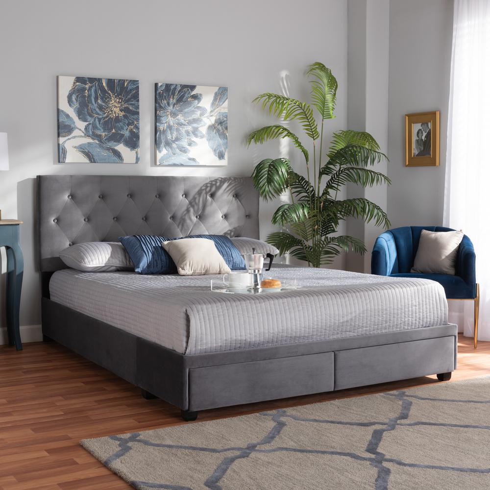 Grey Velvet Fabric Upholstered 2-Drawer Queen Size Platform Storage Bed. Picture 20