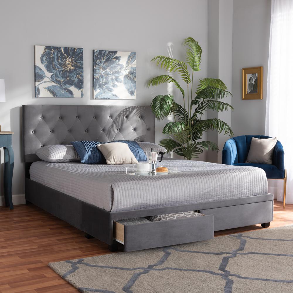 Grey Velvet Fabric Upholstered 2-Drawer Queen Size Platform Storage Bed. Picture 21