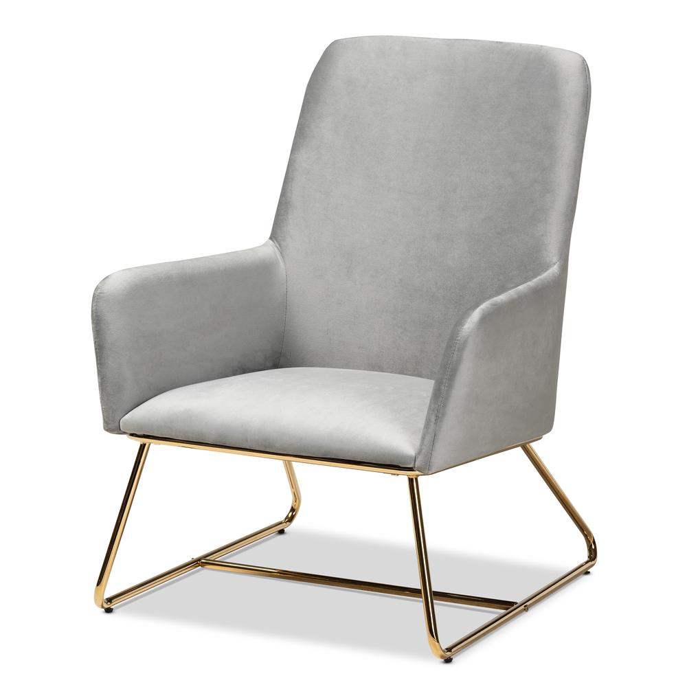 Sennet Glam and Luxe Grey Velvet Fabric Upholstered Gold Finished Armchair. Picture 9