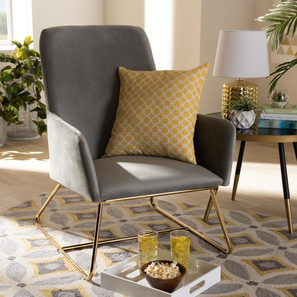Sennet Glam and Luxe Grey Velvet Fabric Upholstered Gold Finished Armchair. Picture 15