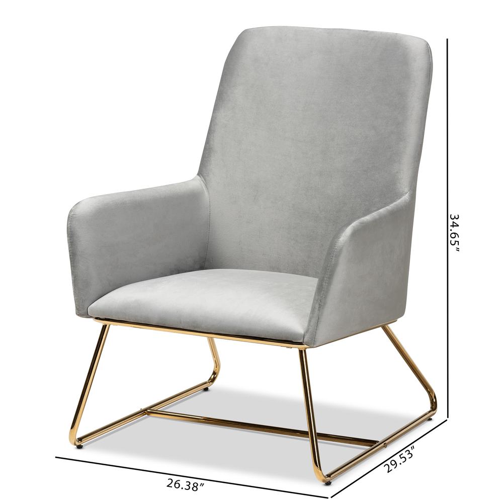Sennet Glam and Luxe Grey Velvet Fabric Upholstered Gold Finished Armchair. Picture 16